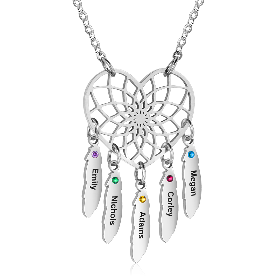 Personalised Dream Catcher Necklace With Birthstones Custom 5 Names Necklace Gifts For Her-Jessemade AU