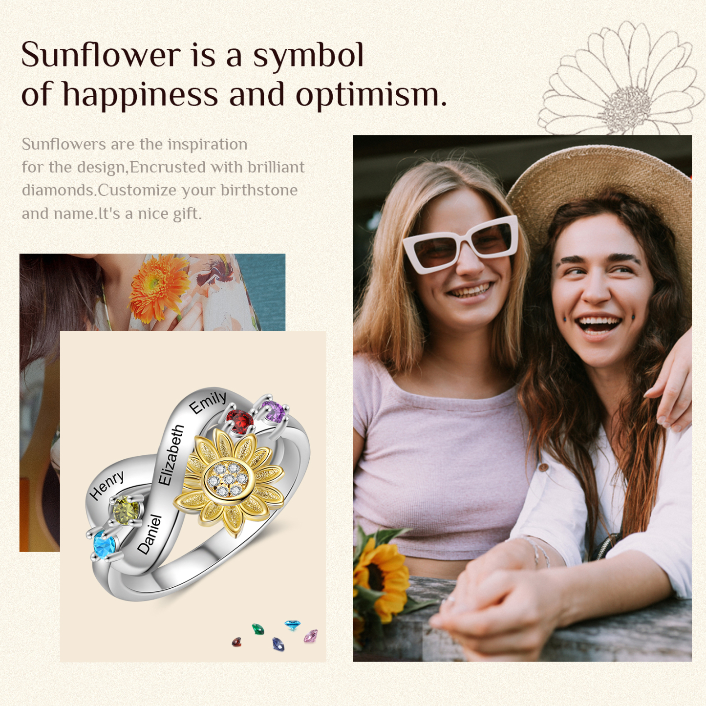 Personalised 4 Birthstones Sunflower Ring Engraved Names Infinity Ring Gifts For Her-Jessemade AU
