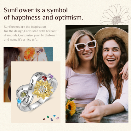 Personalised 4 Birthstones Sunflower Ring Engraved Names Infinity Ring Gifts For Her-Jessemade AU