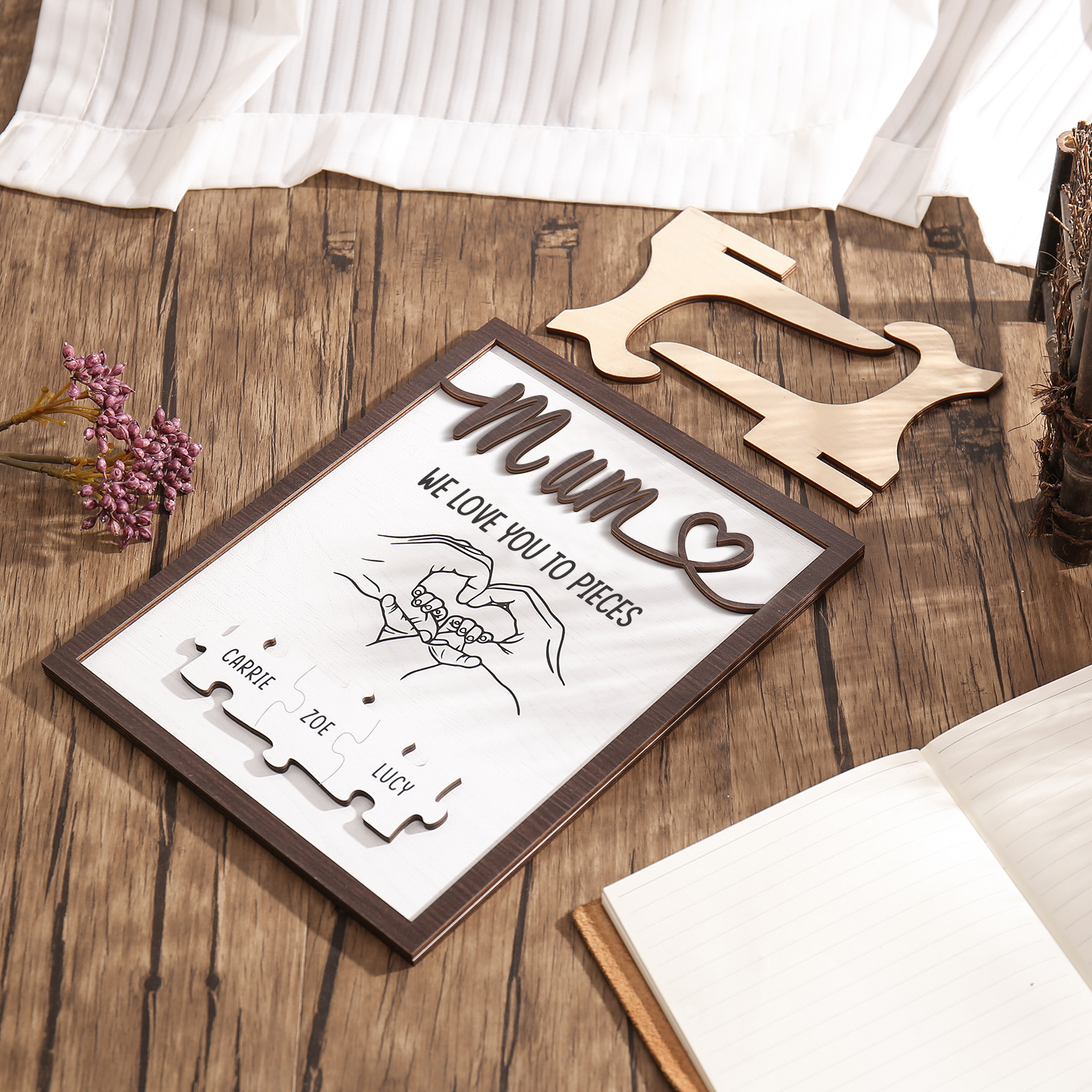 Personalised Puzzle Pieces Wooden Plaque Custom 3 Names & Text & Salutation Holding Hands Family Wooden Sign With Stand Gifts for Mum-Jessemade AU