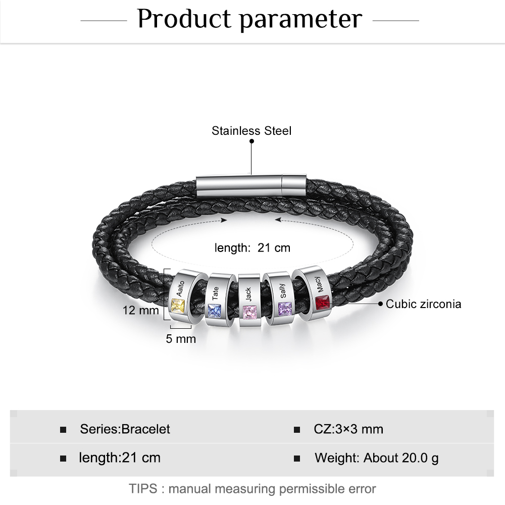 Personalised 3 Layer Leather Bracelet with 5 Beads Engraved Names Men's Bracelets for Him-Jessemade AU