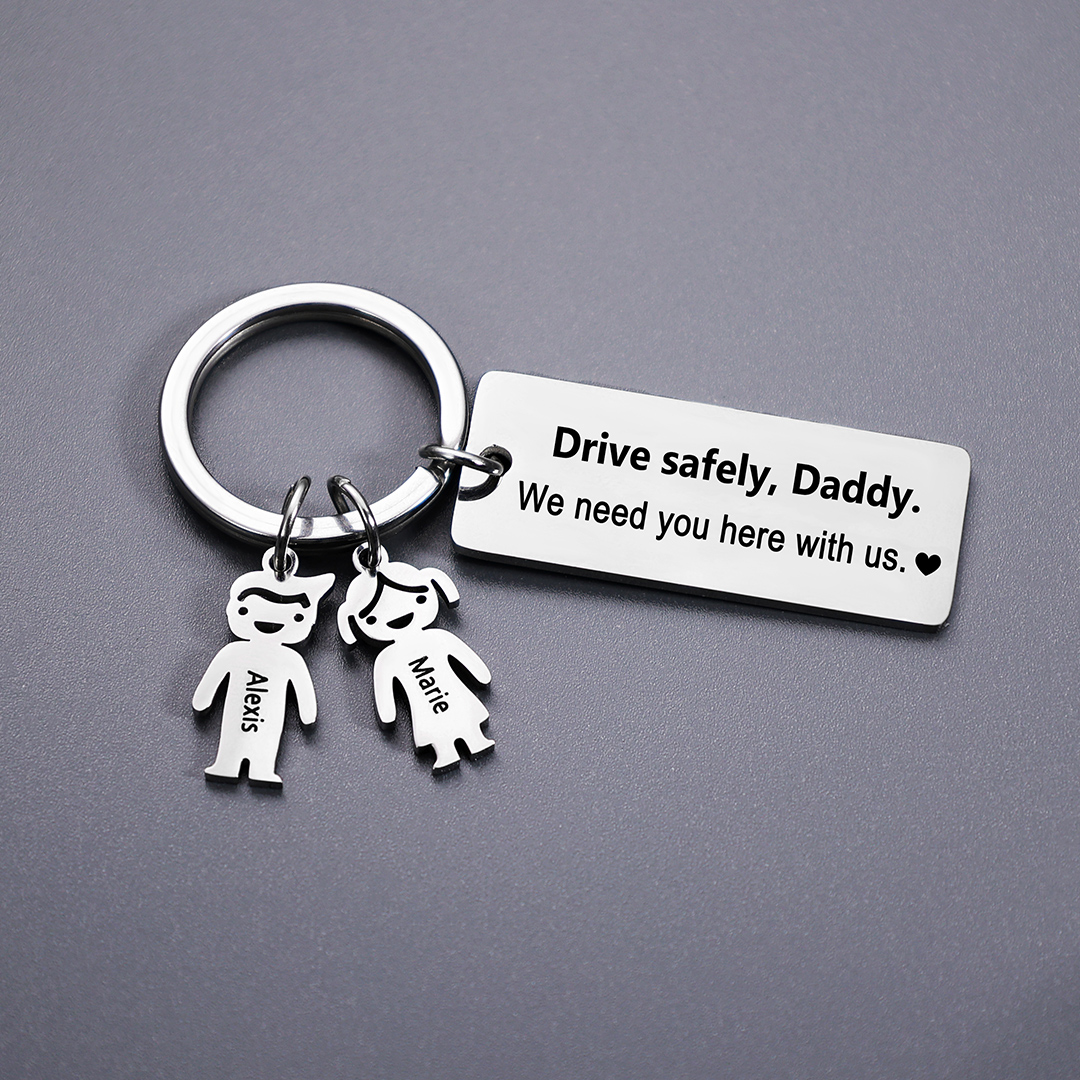 Drive Safe Personalised Keychain with Kid Charm Engraved 2 Names Family Keychain for Him
