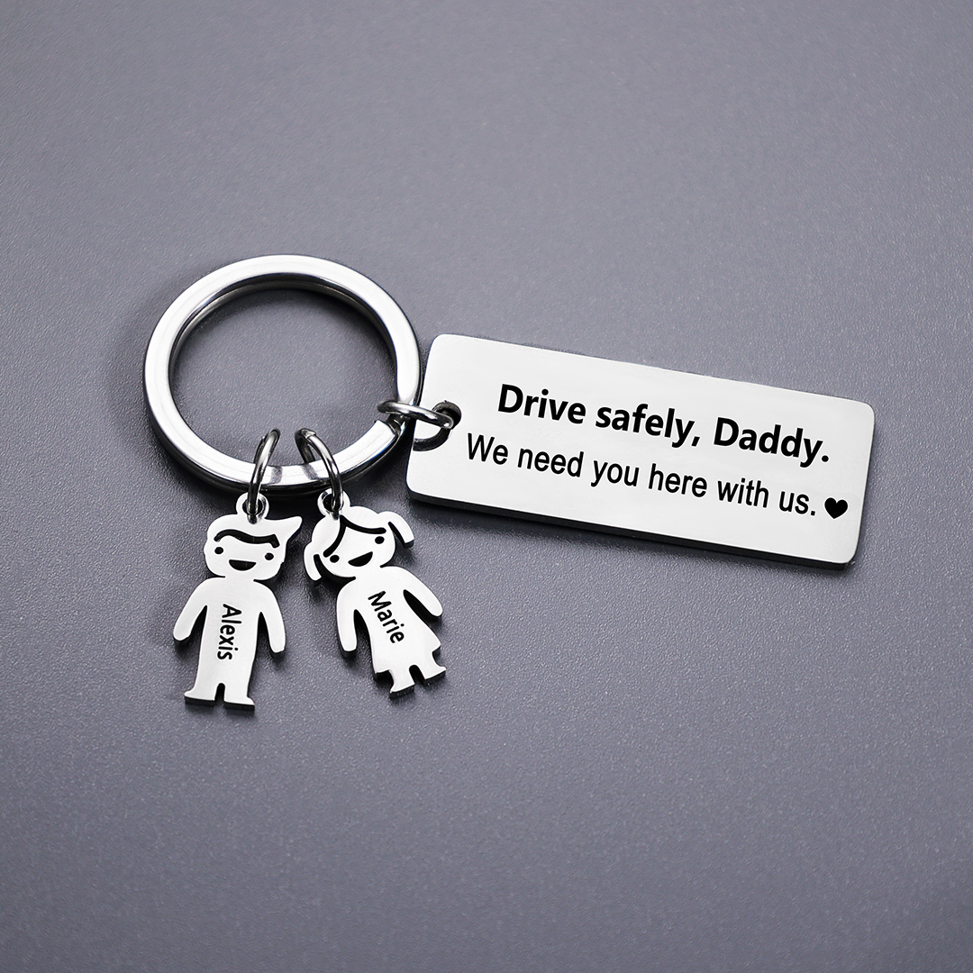 Drive Safe Personalised Keychain with Kid Charm Engraved 2 Names Family Keychain for Him-Jessemade AU
