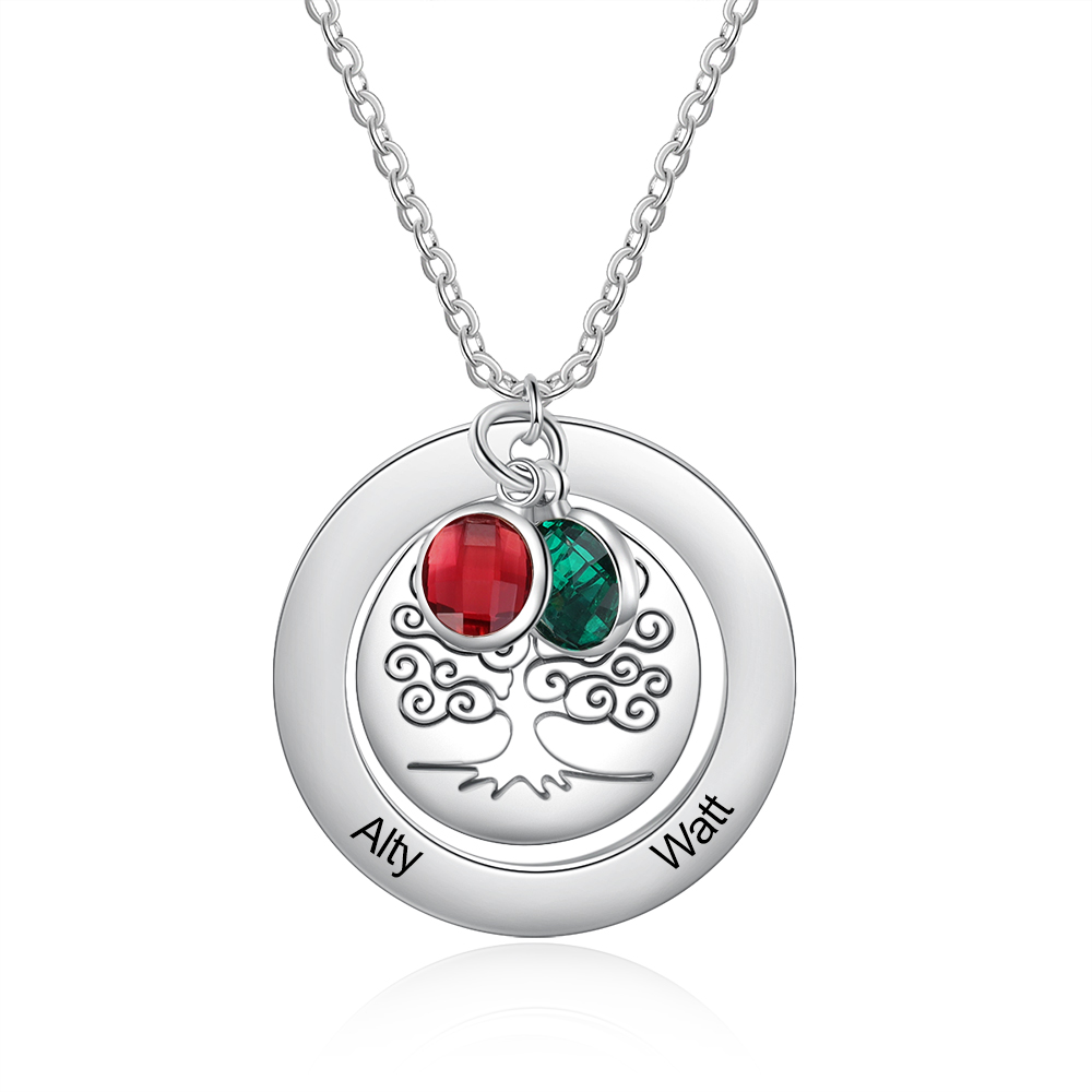 Personalised Family Tree Necklace with 2 Birthstones Engraved Names Gift For Women-Jessemade AU