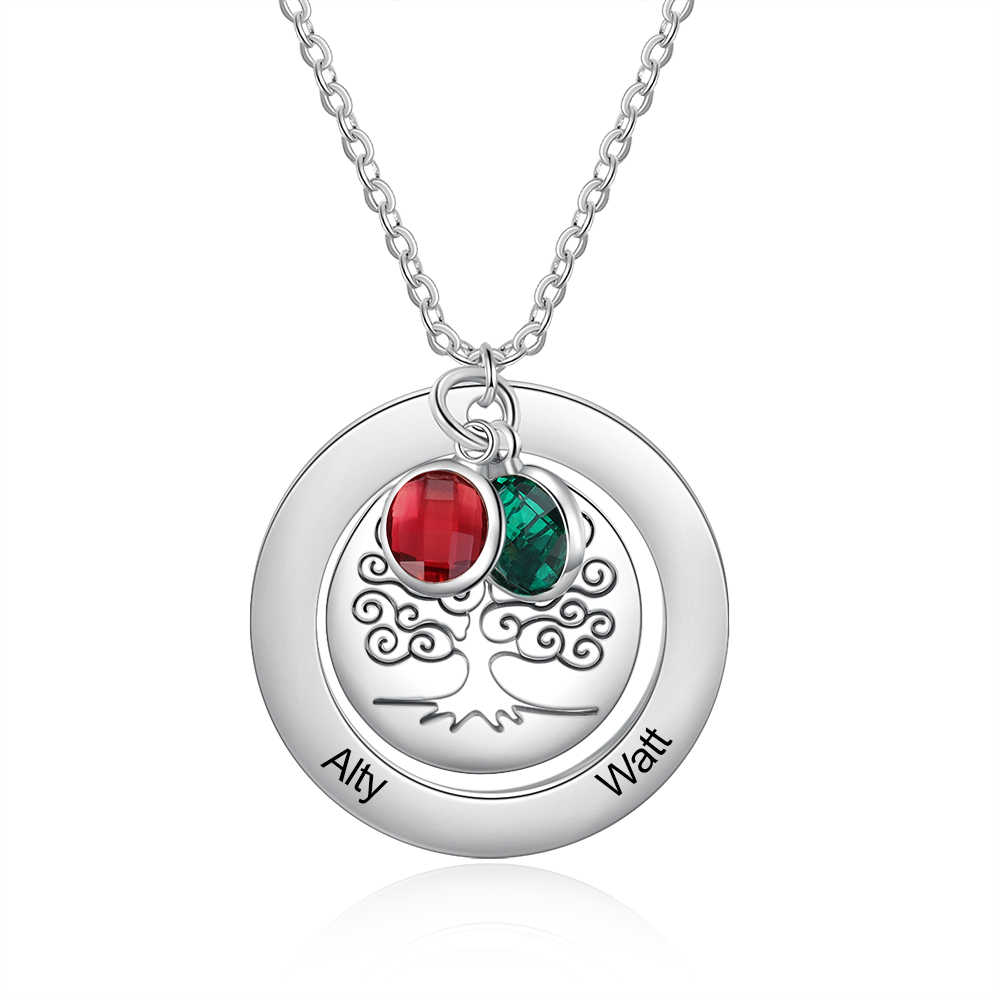 Personalised Family Tree Necklace with 2 Birthstones Engraved Names Gift For Women-Jessemade AU