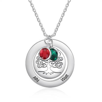Personalised Family Tree Necklace with 2 Birthstones Engraved Names Gift For Women-Jessemade AU