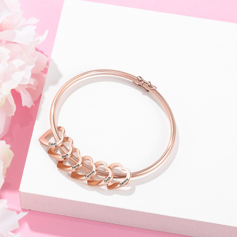 Personalised Love Bracelet with 6 Heart Charms Engraved 6 Names Bangle Bracelet Rose Gift for Her-Jessemade AU