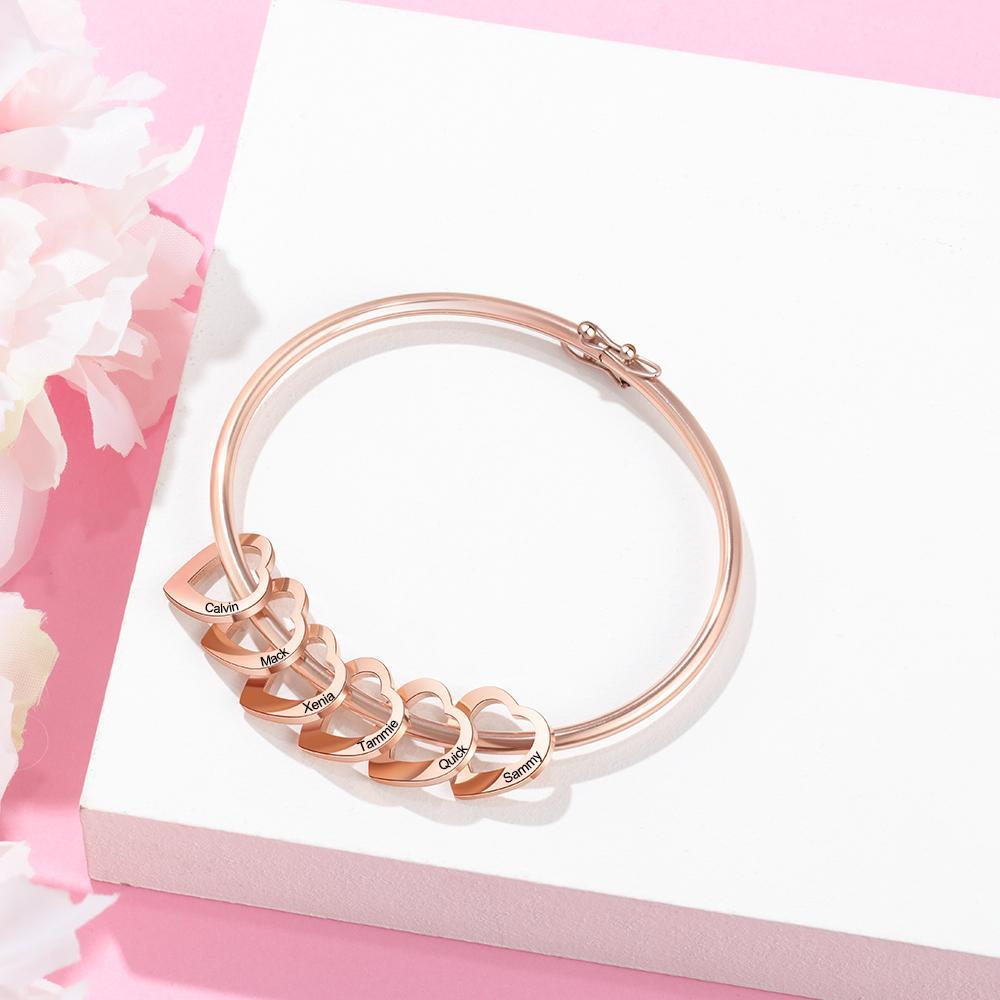 Bangle Bracelet Personalised with 6 Heart Shape Pendant Engraved 6 Names-Jessemade AU