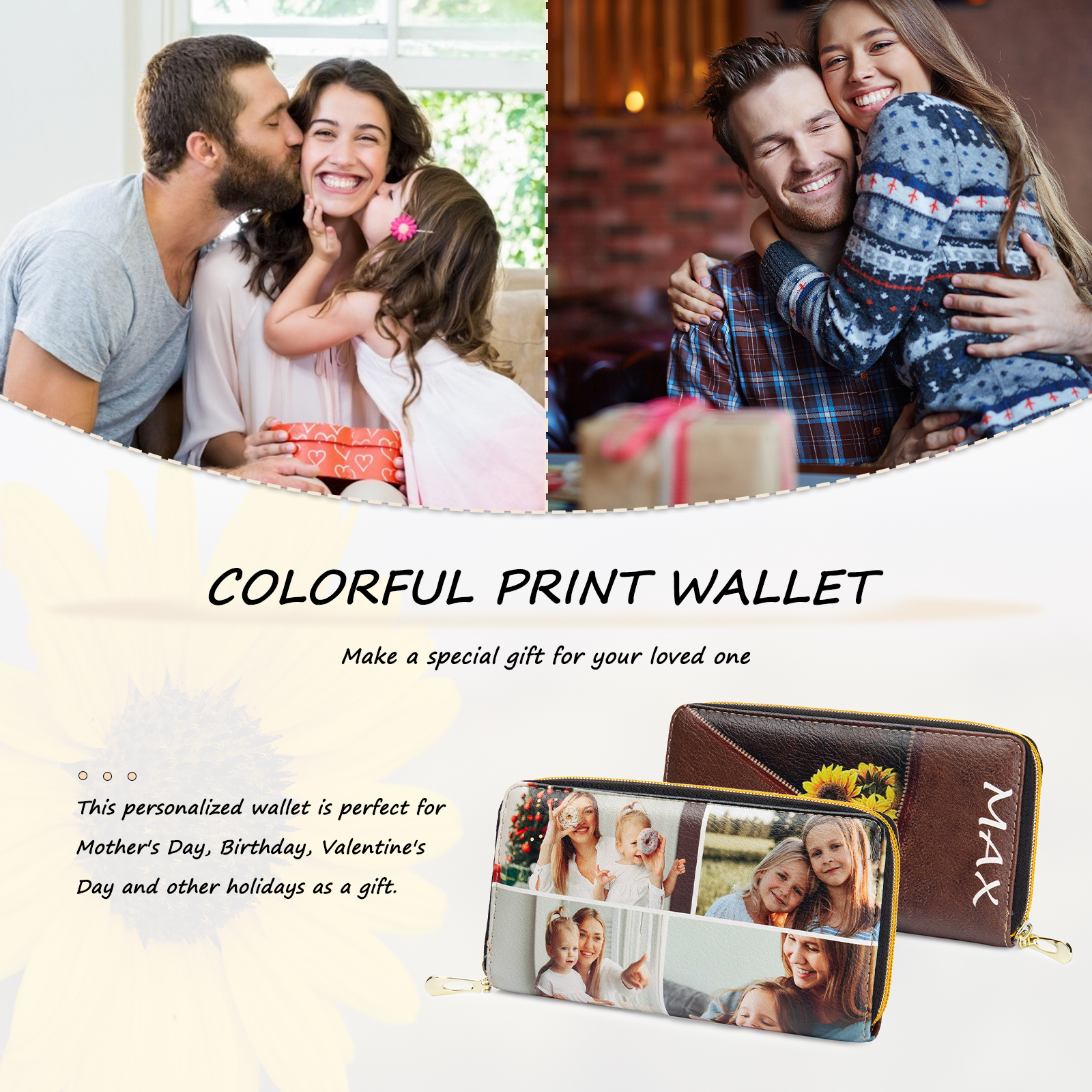 Long Purse Personalised Sunflower Leather Wallet Engraved 1 Photo Zip Wallet Gifts for Her-Jessemade AU