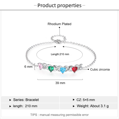 Personalised Bracelet With 4 Heart Birthstones Engraved Names Bracelet Gift For Women-Jessemade AU