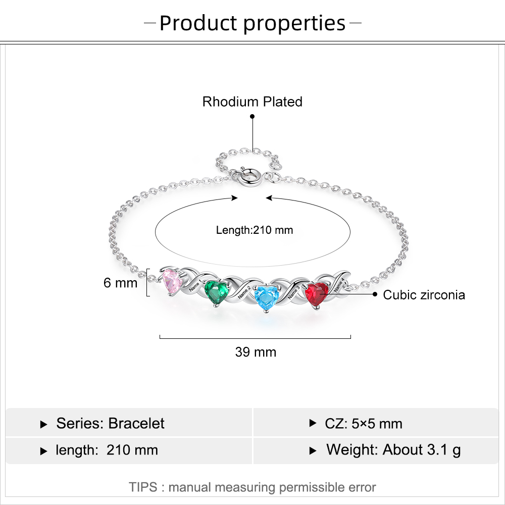 Family Custom Bracelet Heart Personalised with 4 Birthstones Gift Box Set-Jessemade AU