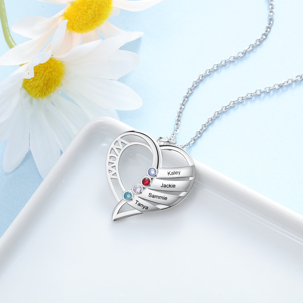 Personalised Heart Necklace With 4 Birthstones Engraved Names Gift For Mother-Jessemade AU