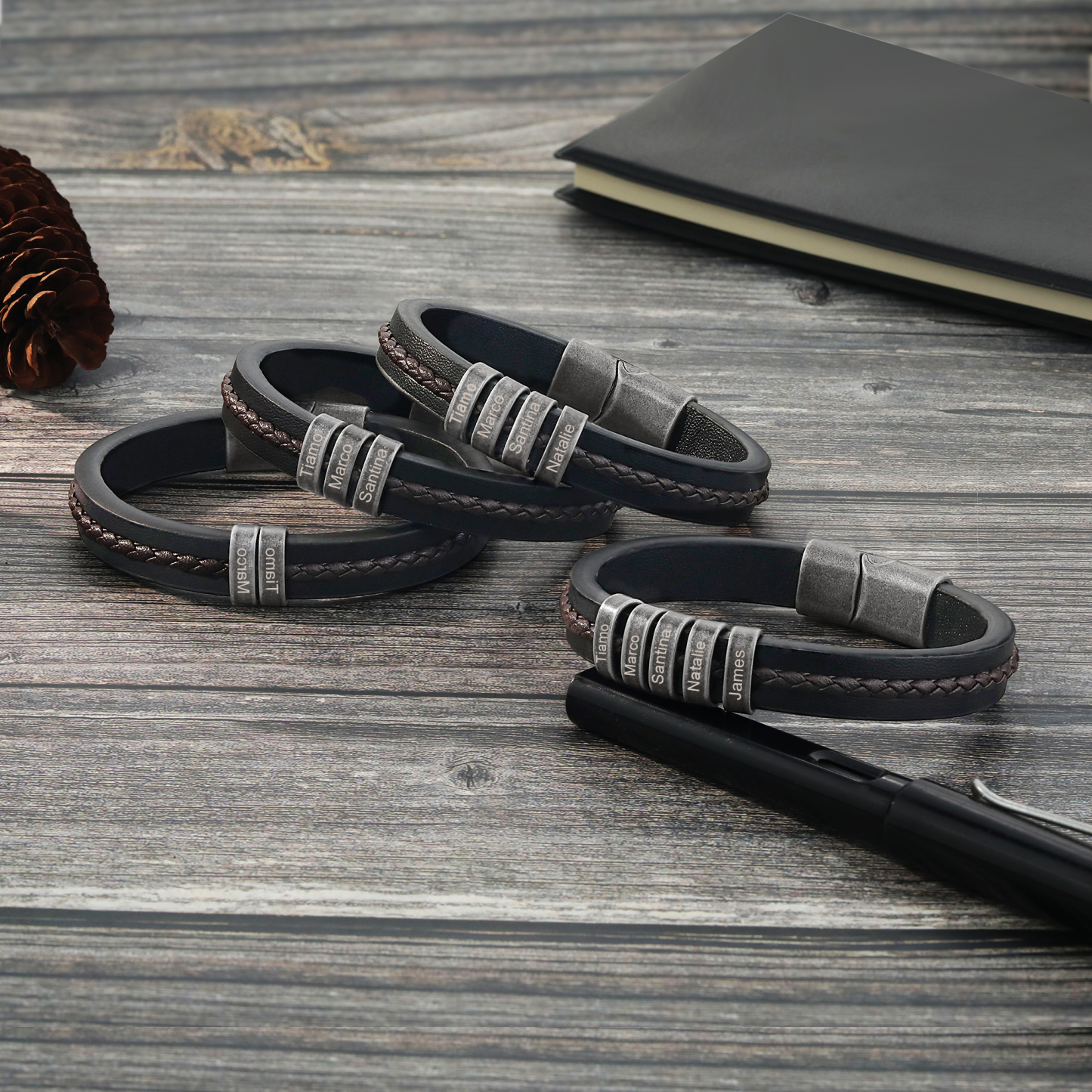 2 Names - Personalised Men's Leather Bracelet Custom Text Beaded Bracelets Vintage Gift for Him