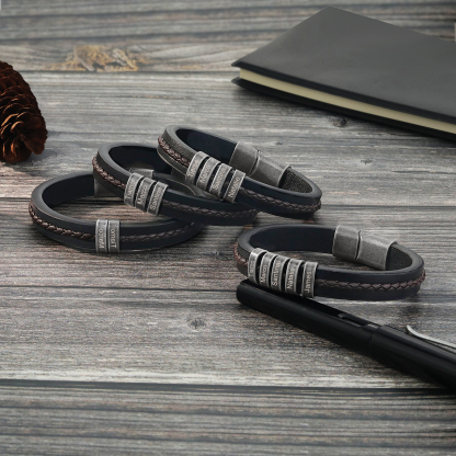 2 Names - Personalised Men's Leather Bracelet Custom Text Beaded Bracelets Vintage Gift for Him
