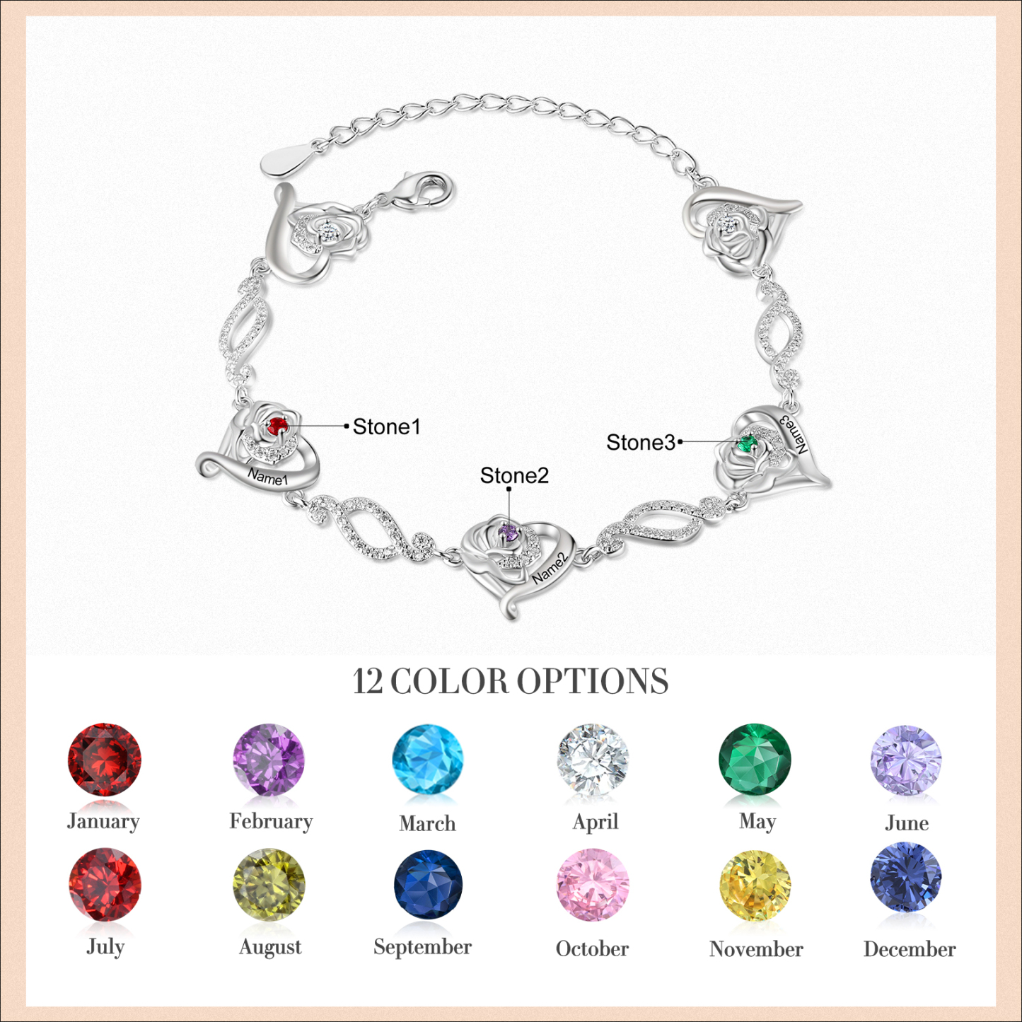 Flowers Bracelet Personalised 3 Birthstones Bracelet Engraved Names Flowers Charm Gifts For Her-Jessemade AU