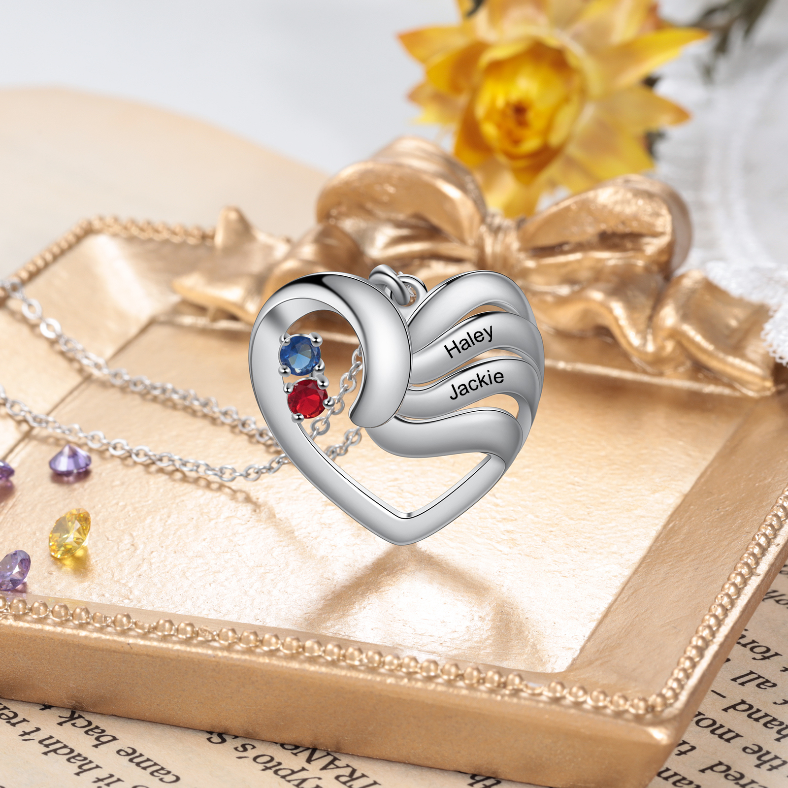 Personalised Heart Necklace With 2 Birthstones Engraved Names Gift For Women-Jessemade AU