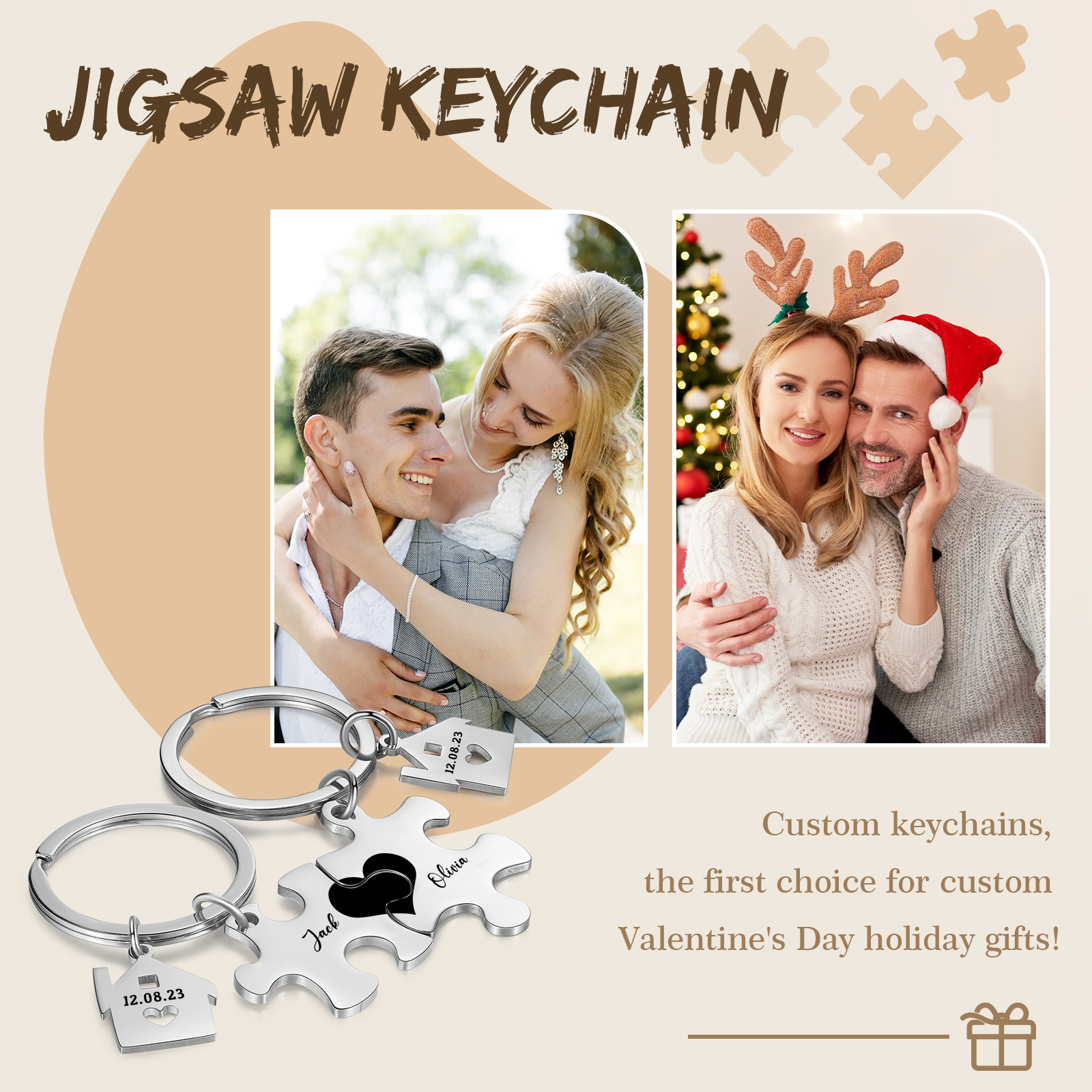 2 PCS Couple Keychain Set Custom 2 Names & Date Keyring Puzzle Keychain Valentine's Day Personalised Gift for Him/Her-Jessemade AU
