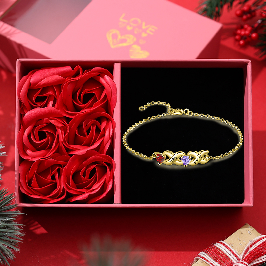 Family Custom Bracelet Heart Personalised with 2 Birthstones Gift Box Set-Jessemade AU