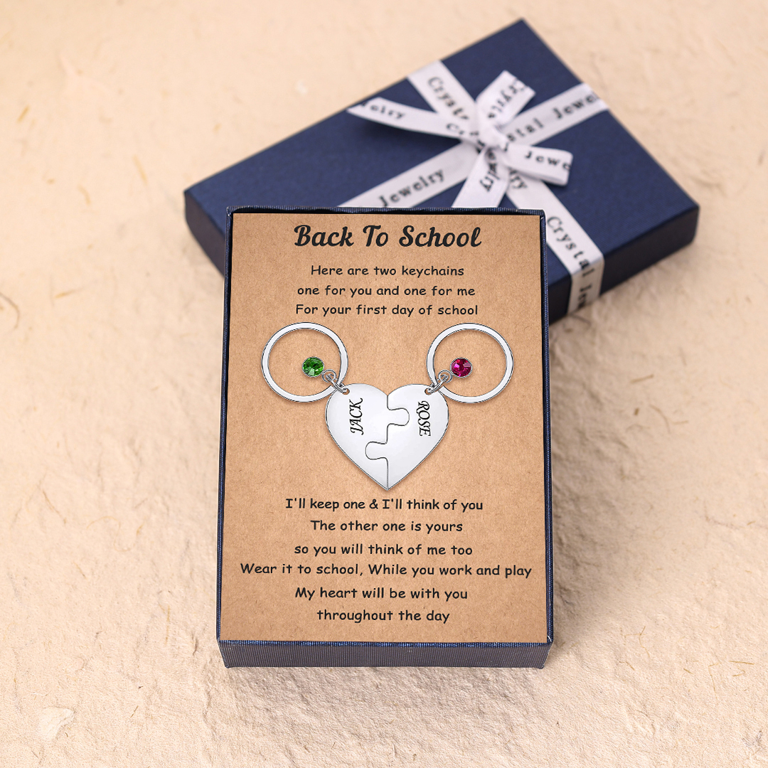 Custom 2 Names Heart Puzzle Keychain with Birthstone Back to School Gifts for Kids-Jessemade AU