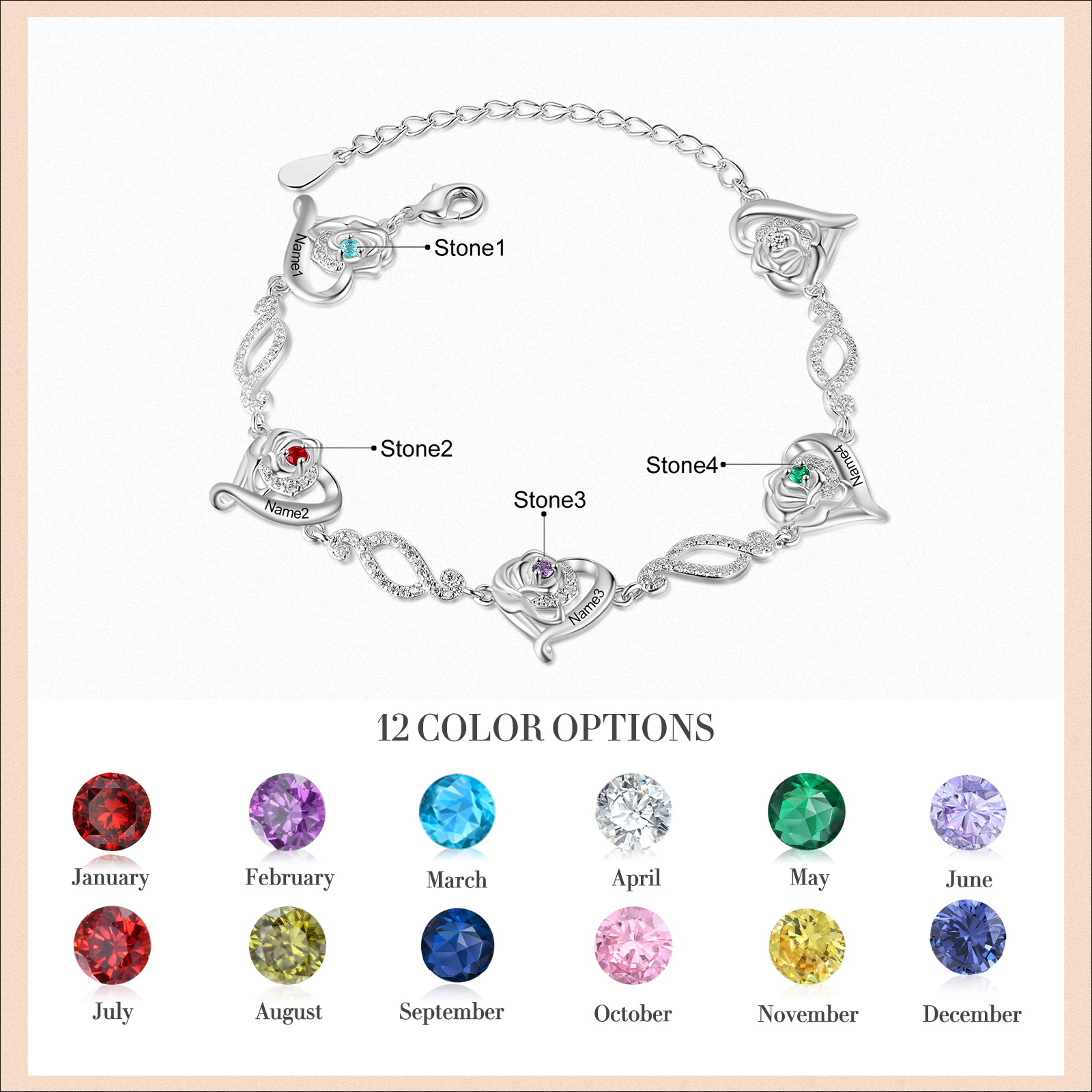 Flowers Bracelet Personalised 4 Birthstones Bracelet Engraved Names Flowers Charm Gifts For Her-Jessemade AU