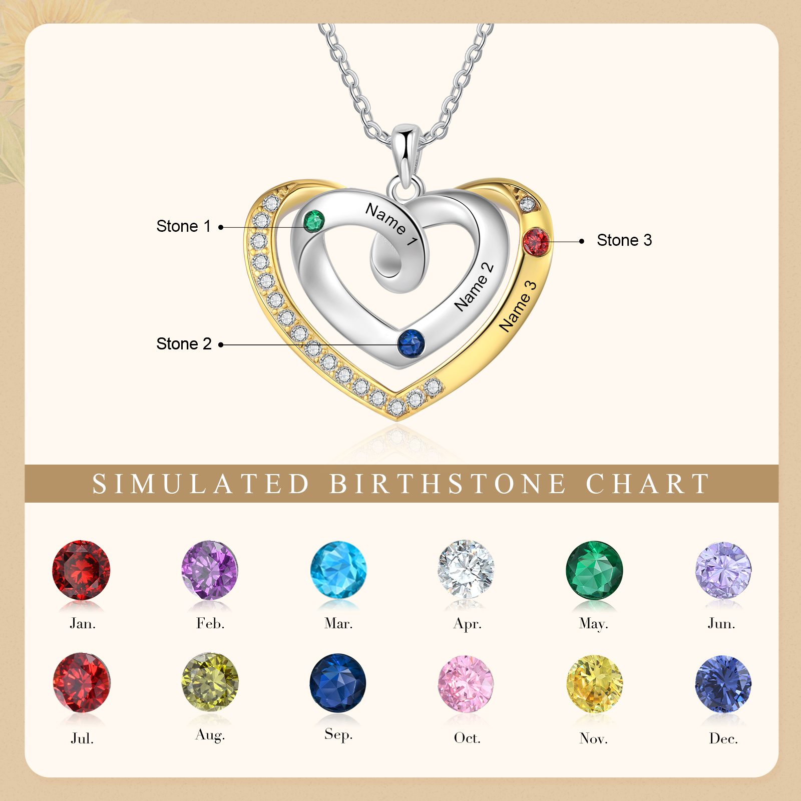 Personalised 3 Names & 3 Birthstones Necklace Custom Heart Pendant Necklace Gifts for Her-Jessemade AU