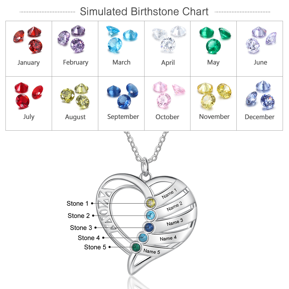 Personalised Heart Necklace With 5 Birthstones Engraved Names Gift For Mother-Jessemade AU