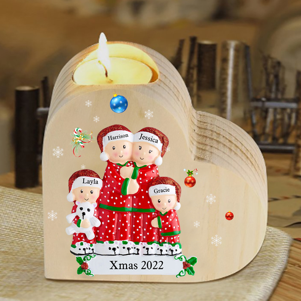 Christmas Family Candle Holder Wooden Custom 4 Names Heart Candlesticks Gifts For Family-Jessemade AU