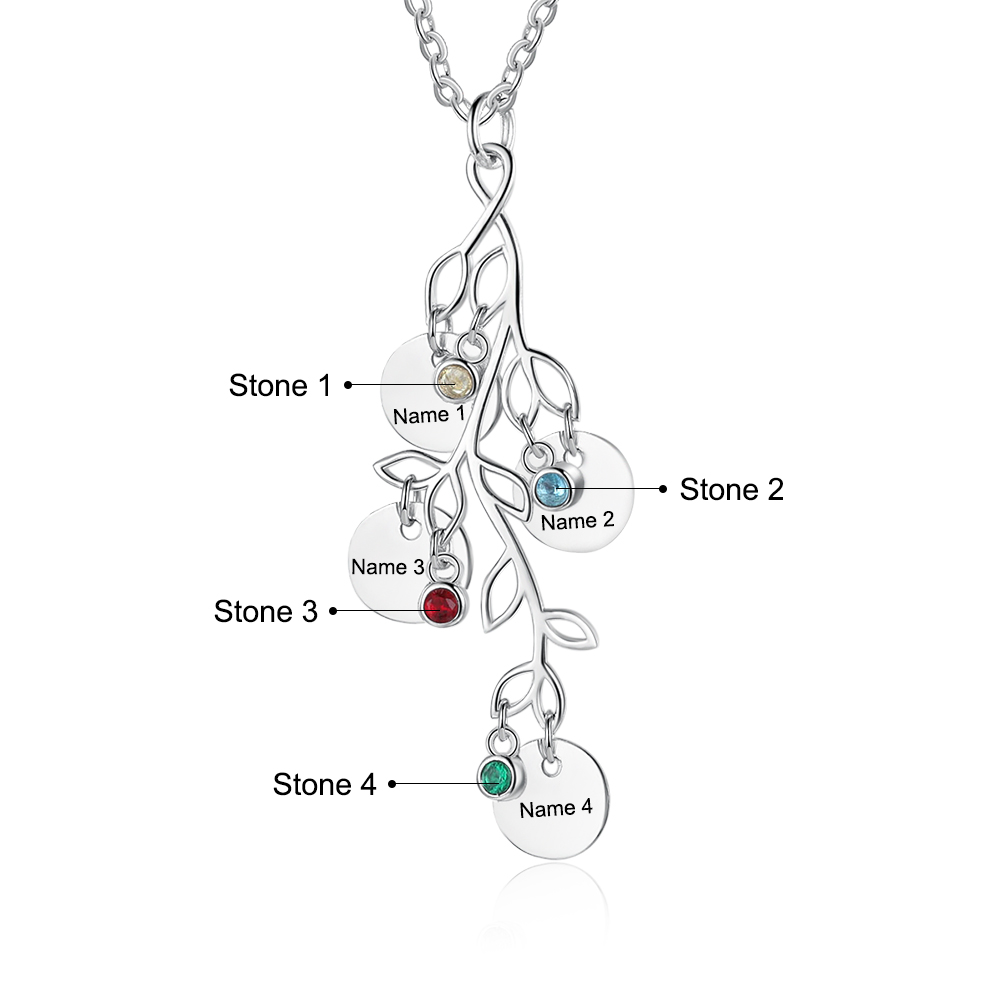 Personalised Leaves NecklaceWith 3 Birthstones Engraved Names Gift For Mother-Jessemade AU