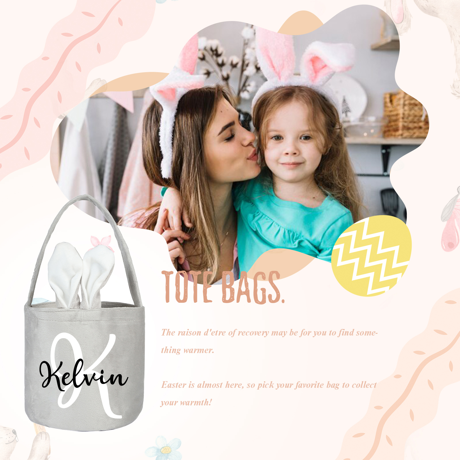 Personalised Bunny Tote Bag Customised with Name & Letter Bucket Bag Bunny Basket Easter Gifts-Jessemade AU