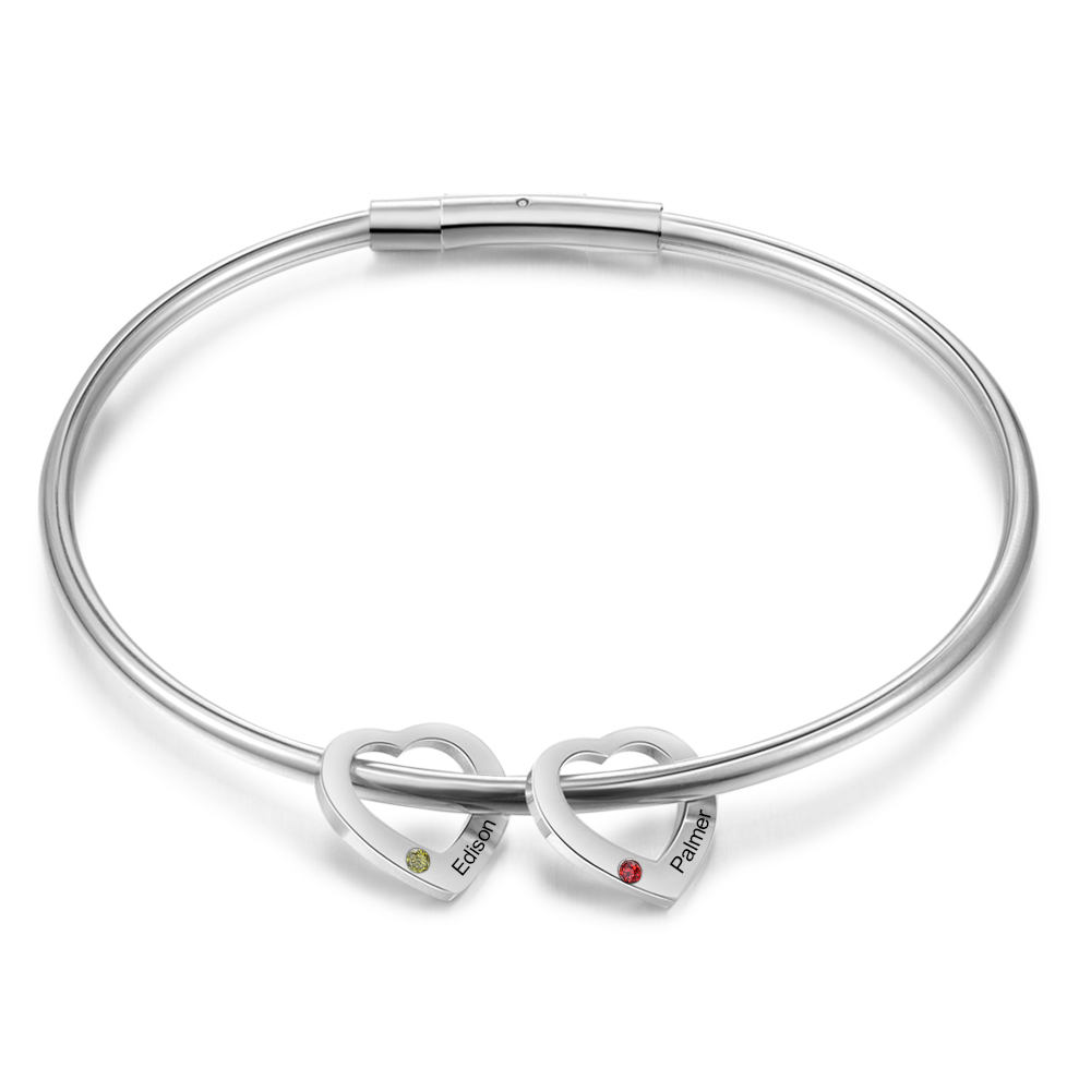 Personalised Heart Bracelet With 2 Birthstones Engraved Names Bracelet Gift For Women