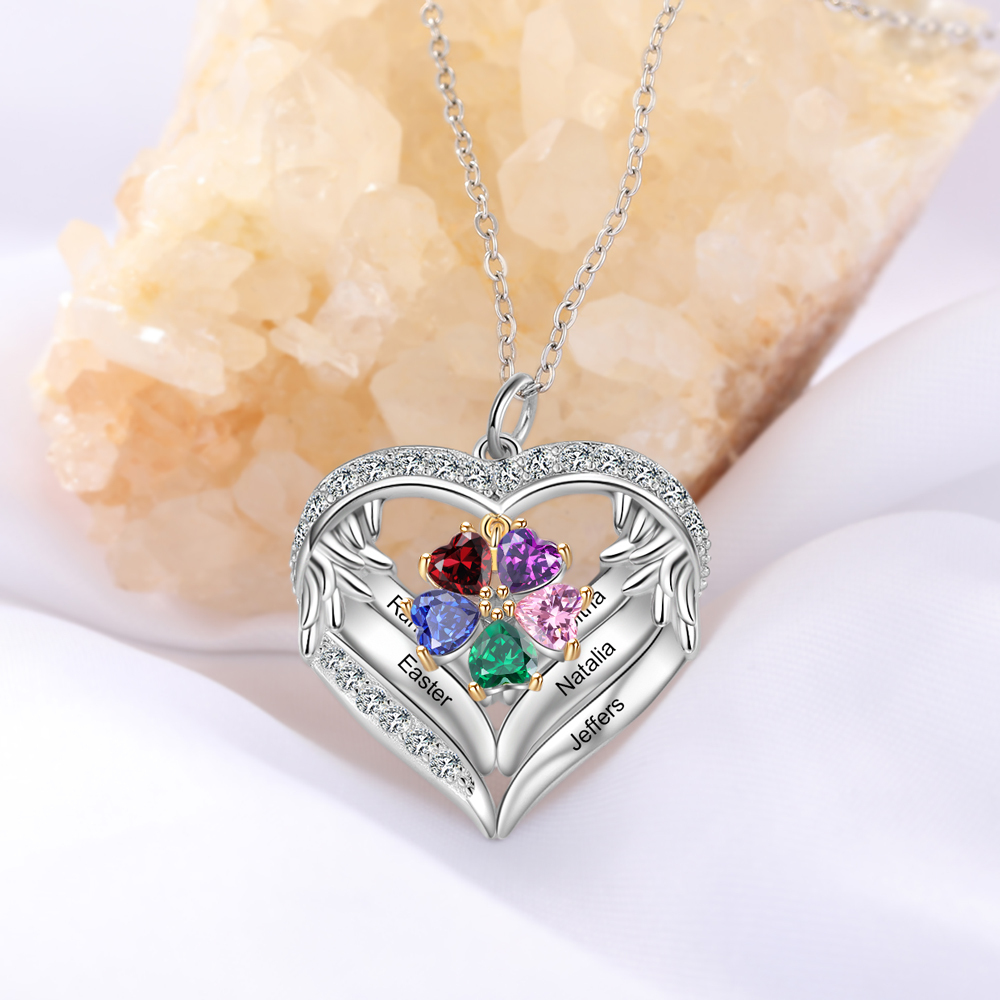 Personalised Wings Necklace With 5 Heart Birthstones Engraved Names Gift For Women-Jessemade AU