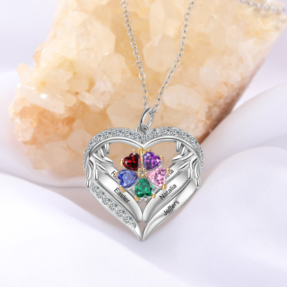 Personalised Wings Necklace With 5 Heart Birthstones Engraved Names Gift For Women-Jessemade AU