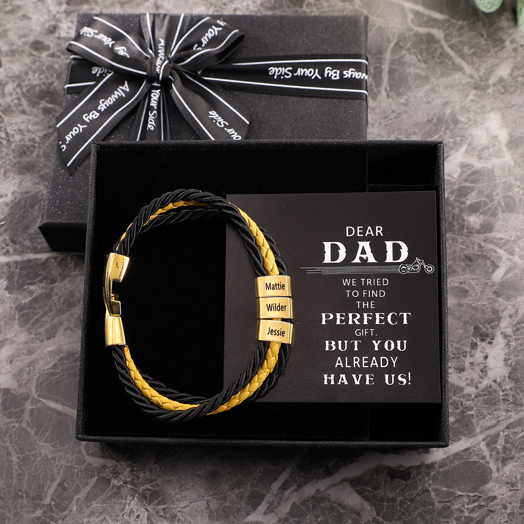 Mens Leather Bracelet Braided Layered Leather with 3 Beads 3 Names Silver and Gold-Jessemade AU