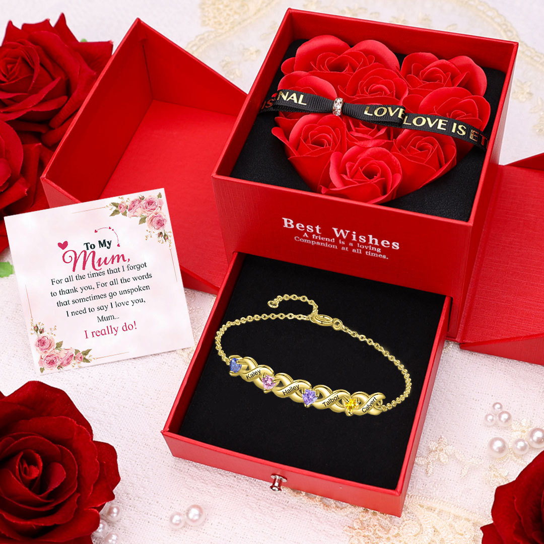 Family Custom Bracelet Heart Personalised with 4 Birthstones Gift Box Set-Jessemade AU