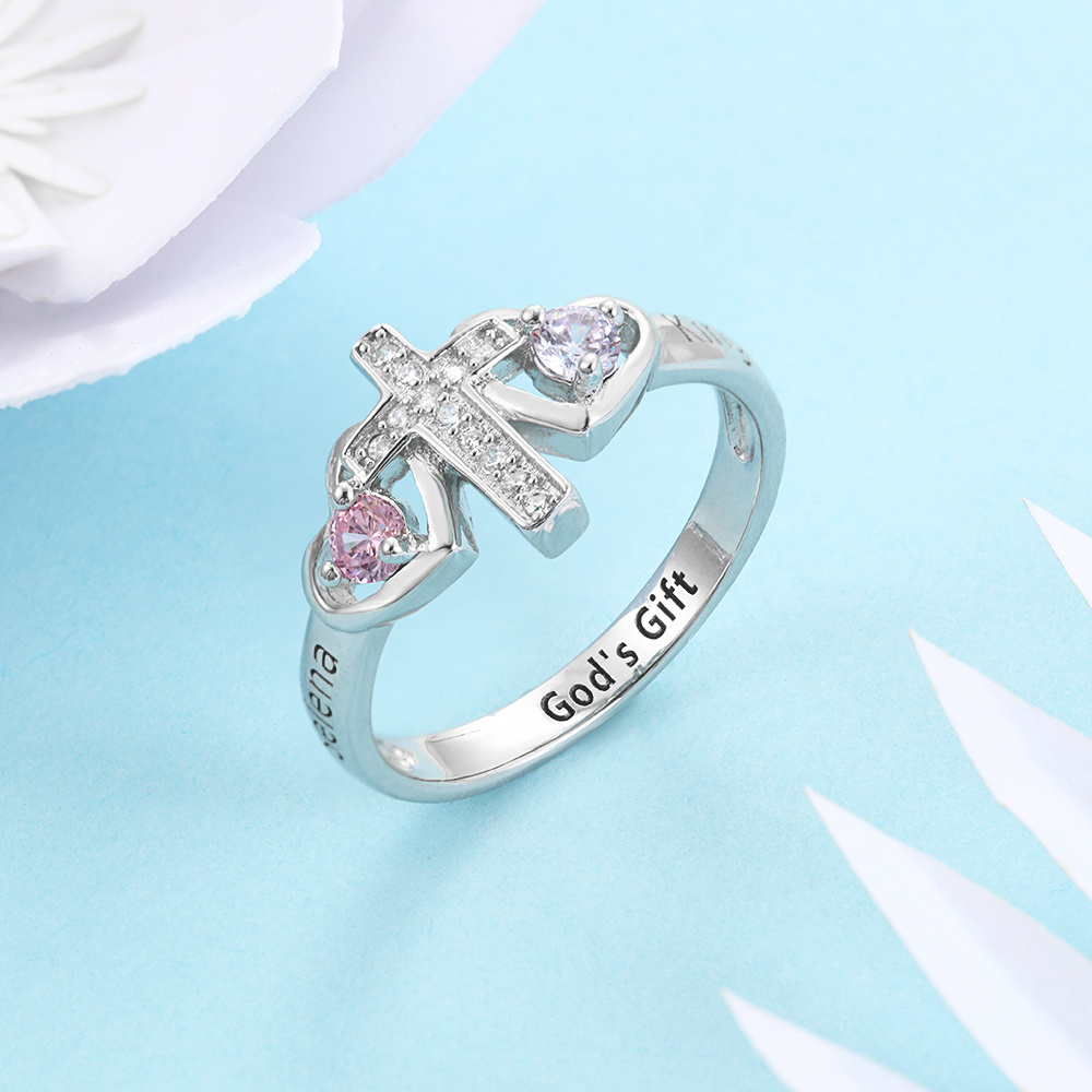 S925 Silver Ring Personalised 2 Birthstones Cross Ring With Names Gifts For Her-Jessemade AU
