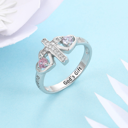 S925 Silver Ring Personalised 2 Birthstones Cross Ring With Names Gifts For Her-Jessemade AU
