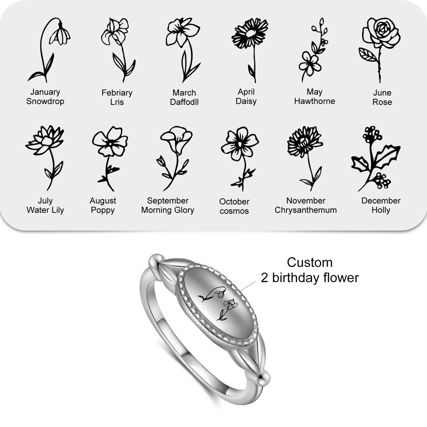 Customised 1-3 Birthflowers Ring Personalised Oval Plaque Ring Gifts for Her-Jessemade AU