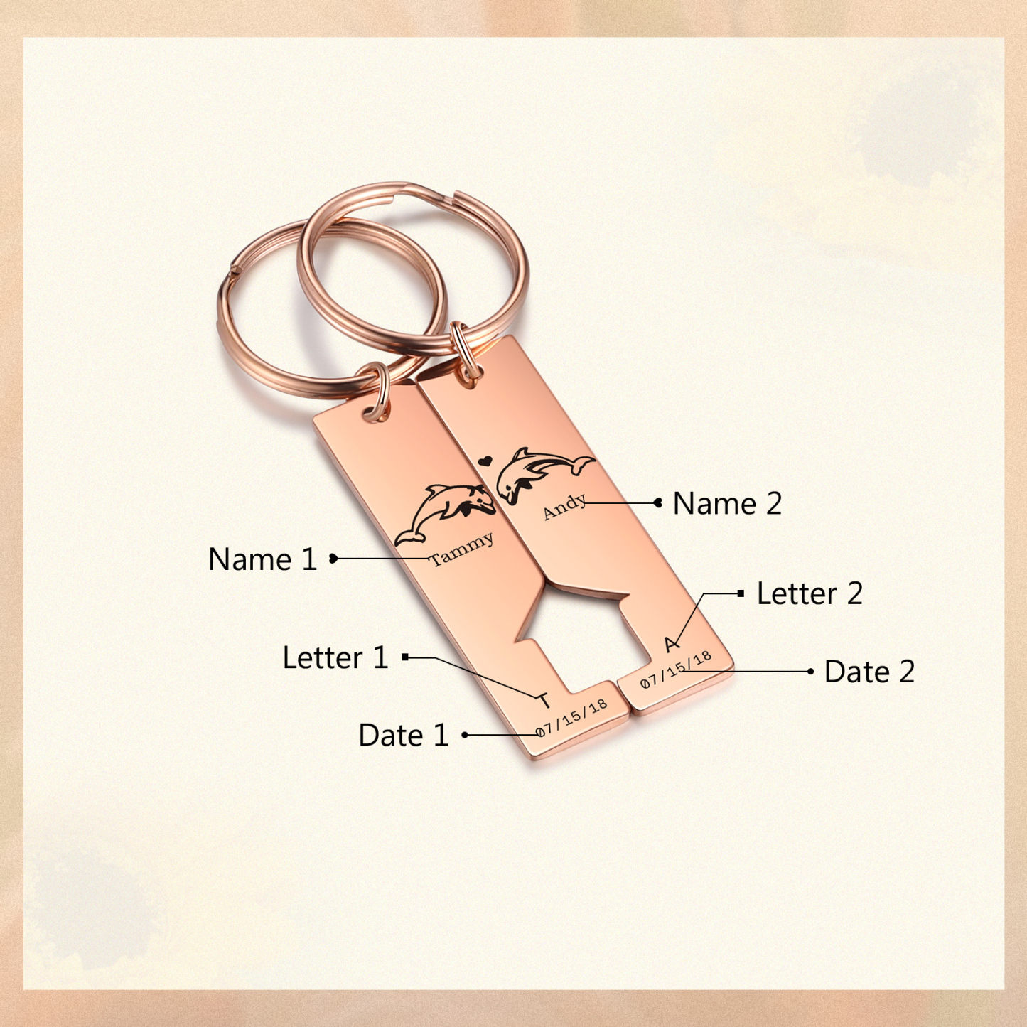 Personalised Couple Keychain Custom 2 Letters & 2 Dates & 2 Names Dolphin Keyring Valentine's Day Gift for Husband/Wife-Jessemade AU
