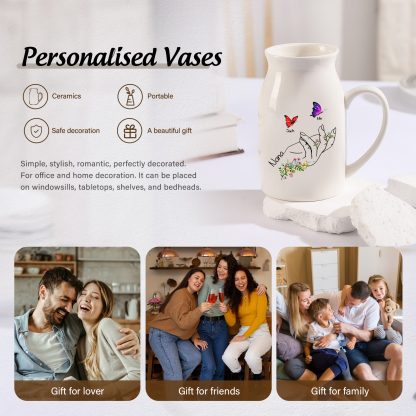 Personalised Ceramic Flower Vase Custom 2–8 Names & 1 Text Butterfly In Hand Vase Gift for Mother/Grandma-Jessemade AU