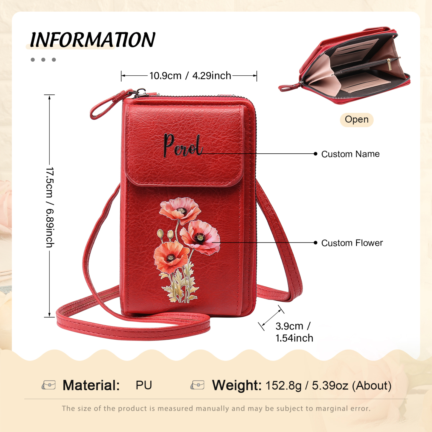 Personalised Women's Leather Wallet Custom Birthday Flower & Name Mobile Phone Wallet Zipper Crossbody Bag