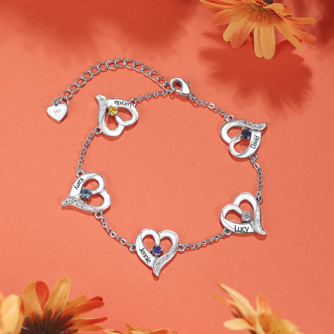 Personalised Heart Bracelet With 5 Birthstones Engraved Names Necklace For Her-Jessemade AU
