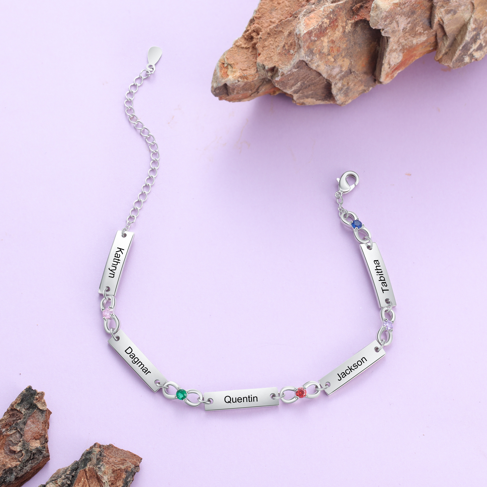 Personalised Bracelet With 5 Birthstones Engraved Names Bracelet Gift For Women-Jessemade AU