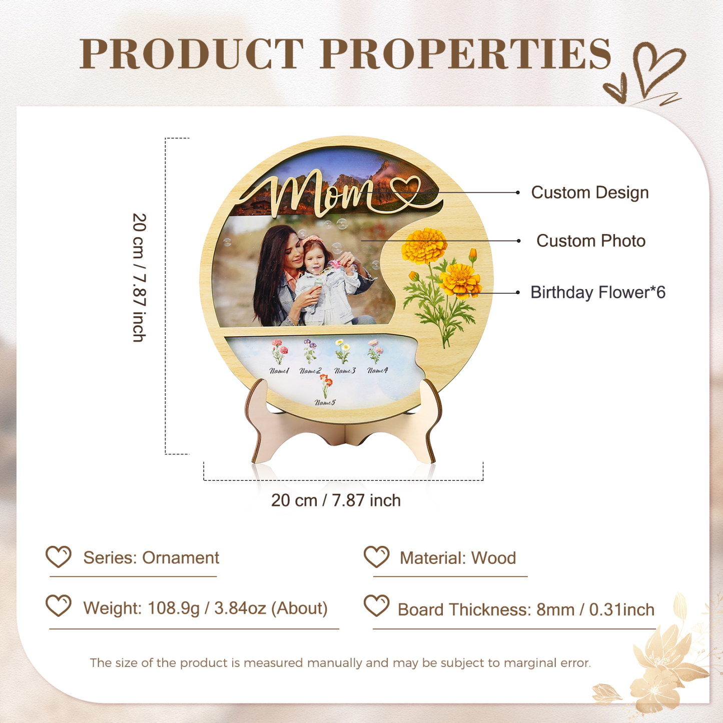 Personalised Photo & Text Wooden Plaque Custom 6 Birth Flowers & 5 Names Wooden Sign With Stand Gifts for Mum/Nana-Jessemade AU