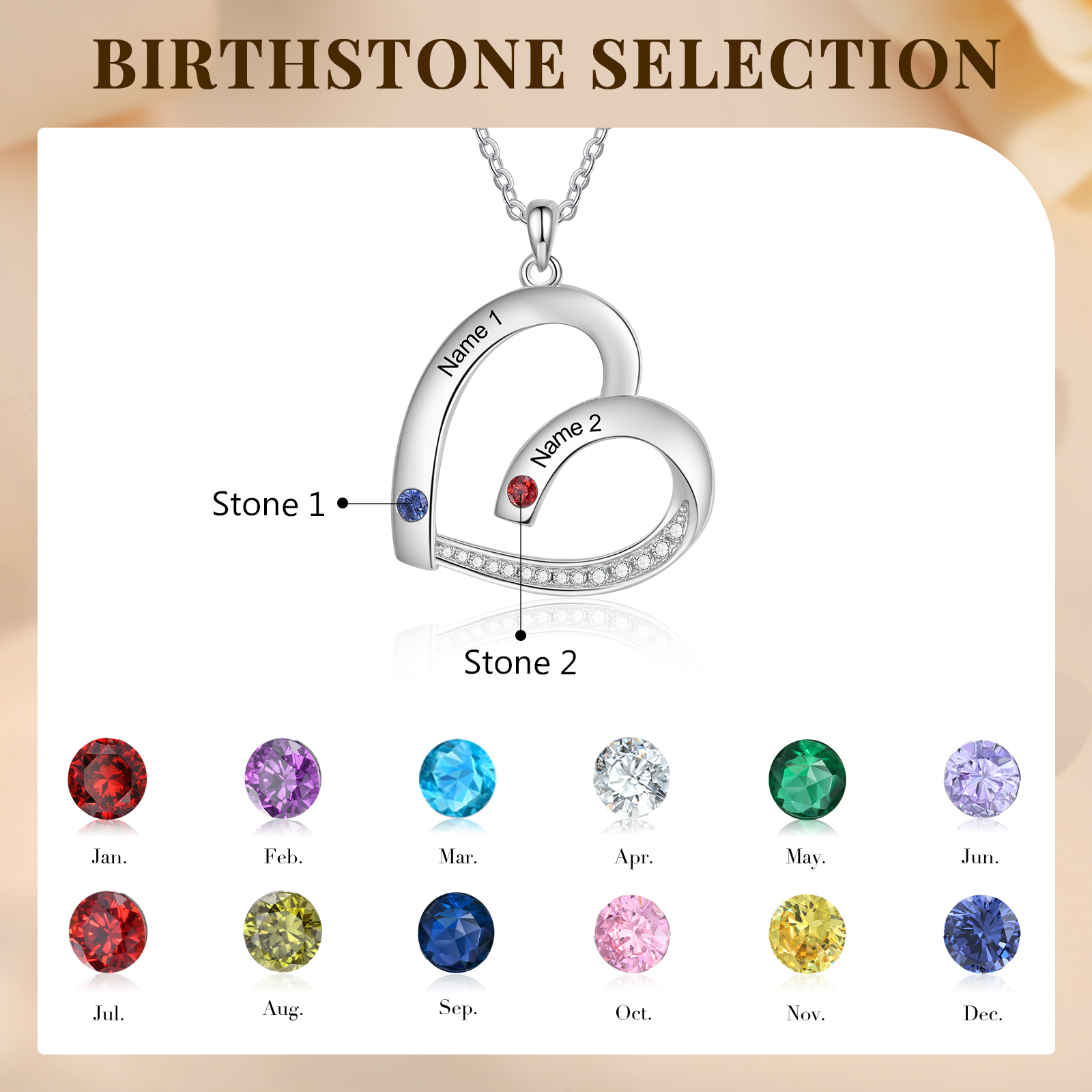 Personalised Heart Pendant Necklace Custom 2 Birthstones & 2 Names Necklace Gifts for Her-Jessemade AU