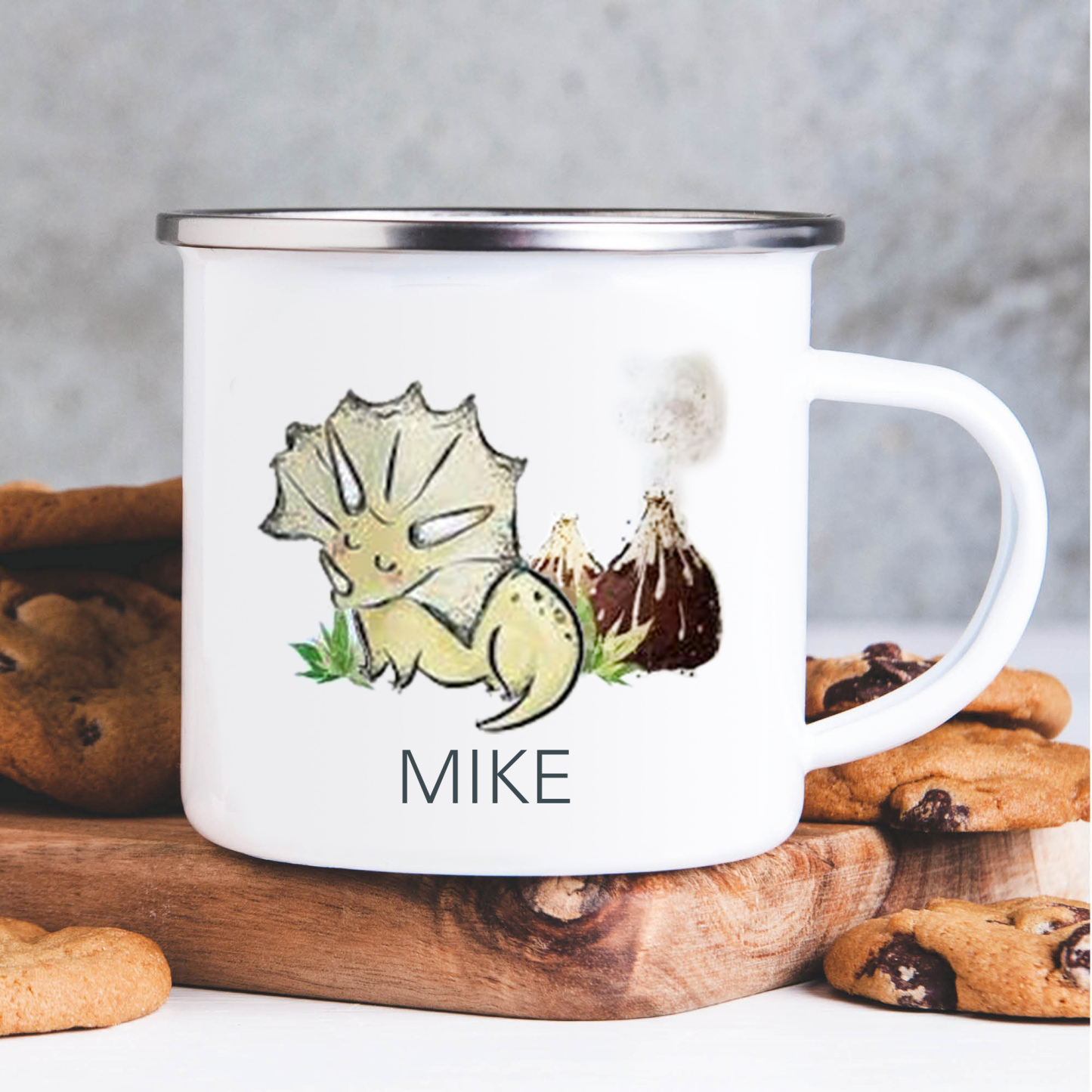 Personalised Enamel Mug Customised Name Dinosaur Cup Camping Mug Birthday Gift for Kids - Triceratops-Jessemade AU