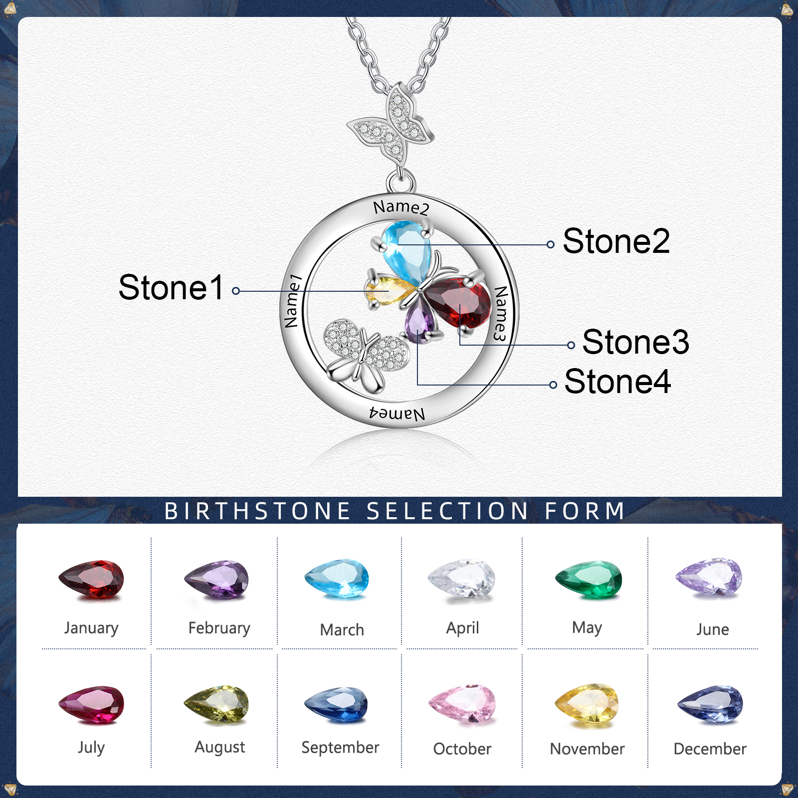 Personalised Butterfly Necklace With 4 Birthstones Custom Names Best Gift For Her-Jessemade AU