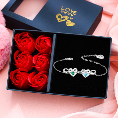 2 Names - Personalised Linked Heart Bracelet Custom 2 Birthstones Engraved Text Bracelets-Jessemade AU