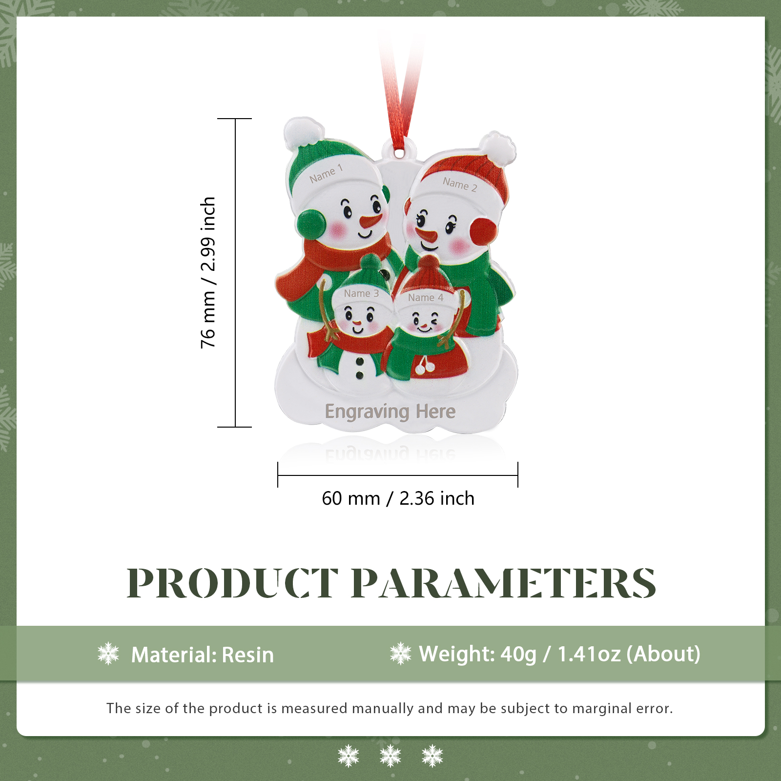 Personalised 4 Names & Text Snowman Christmas Ornament Resin Christmas Tree Pendant for Family-Jessemade AU