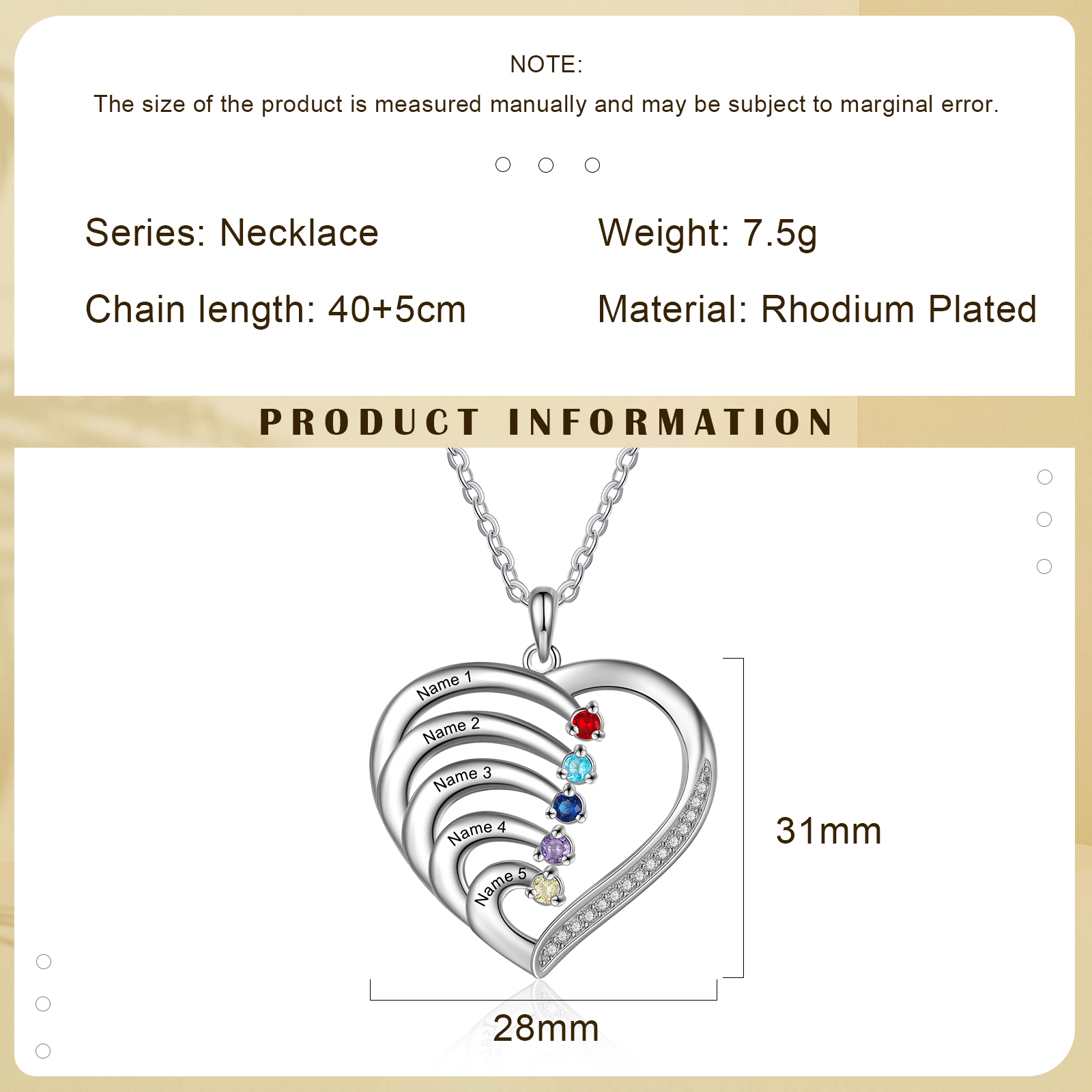 Personalised Mother Necklace 5 Stones Engraved 5 Names Birthstone Intertwined Heart Pendant Gifts for Her-Jessemade AU