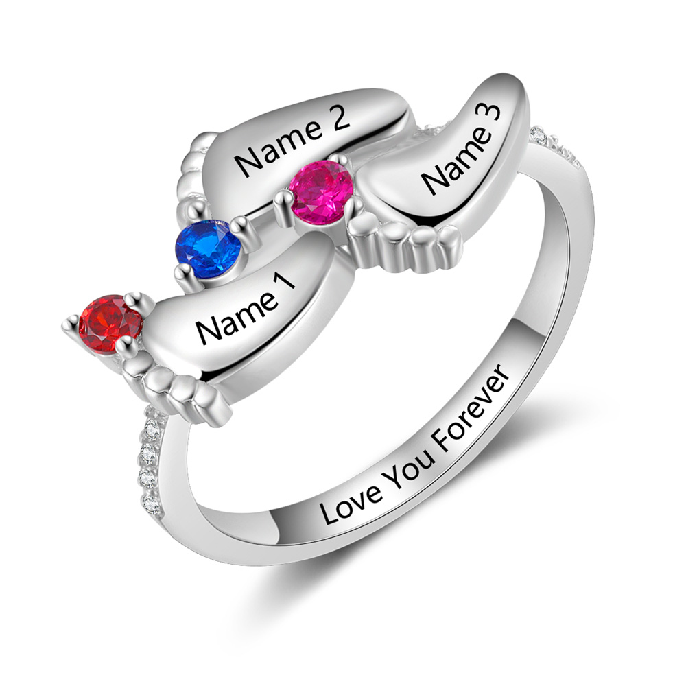 Personalised Baby Foot Ring With 3 Birthstones Engraved Names Ring Gift For Women-Jessemade AU